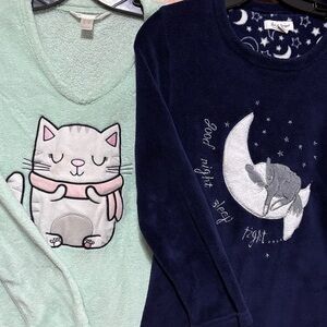 Cute Cat and Moon Pajama Tops Lot of Two